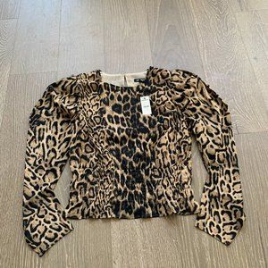 Express Leopard Puff Sleeve smocked waist blouse